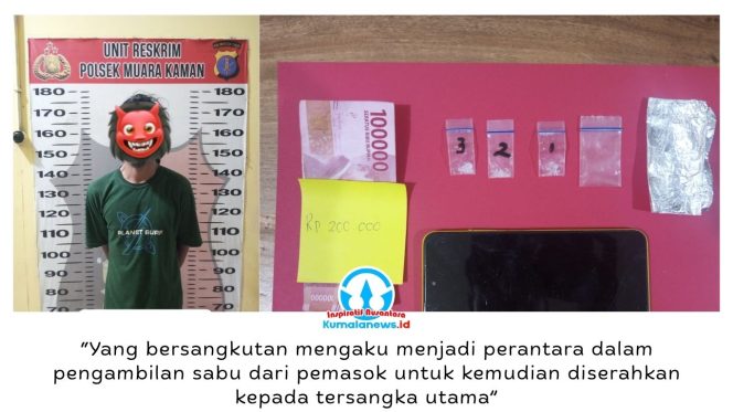 
 Pelaku penyalahgunaan narkotika berinisial A bersama sejumlah barang bukti berhasil diamankan jajaran Polsek Muara Kaman.