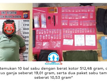 Pelaku penyalahgunaan narkotika berinisial SF bersama barang bukti 65 paket sabu berhasil diamankan jajaran Polsek Muara Kaman.