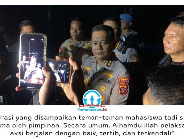 Kepala Kepolisian Daerah (Kapolda) Kalimantan Timur (Kaltim), Irjen Pol. Endar Priantoro, memberikan keterangan pers terkait pelaksanaan aksi penyampaian aspirasi oleh aliansi mahasiswa yang berlangsung tertib dan kondusif di Samarinda, Selasa (21/4/2026). Foto: Yana Ashari.