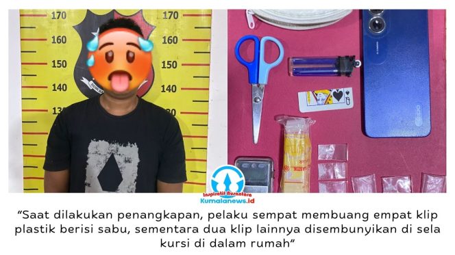 
 Pelaku S alias O bersama barang bukti sabu seberat 1,29 gram dan sejumlah barang bukti lainnya diamankan jajaran Polsek Samboja Barat. Dok: Polsek Samboja Barat.