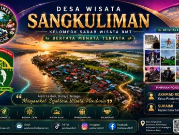 Flyer profil Desa Sangkuliman, Kecamatan Kota Bangun, Kabupaten Kutai Kartanegara, yang terus menunjukkan potensinya sebagai destinasi wisata berbasis ekowisata dan pemberdayaan masyarakat. Setelah mendapatkan pembinaan selama tiga tahun dari Dinas Pariwisata Kutai Kartanegara, Desa Sangkuliman kini dipercaya mewakili Kukar dalam ajang Lomba Desa Wisata tingkat Provinsi Kalimantan Timur. Foto: Dok. Pokdarwis BMT Sangkuliman.