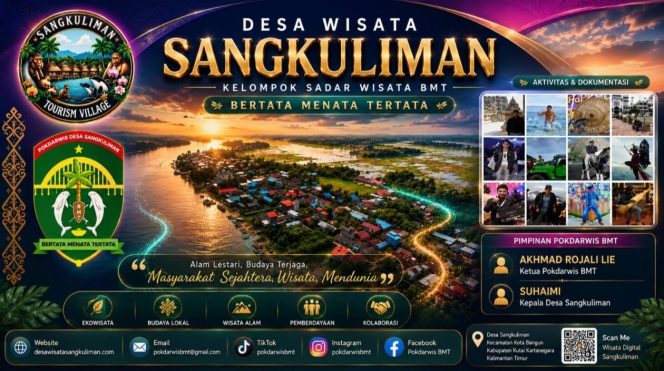 
 Flyer profil Desa Sangkuliman, Kecamatan Kota Bangun, Kabupaten Kutai Kartanegara, yang terus menunjukkan potensinya sebagai destinasi wisata berbasis ekowisata dan pemberdayaan masyarakat. Setelah mendapatkan pembinaan selama tiga tahun dari Dinas Pariwisata Kutai Kartanegara, Desa Sangkuliman kini dipercaya mewakili Kukar dalam ajang Lomba Desa Wisata tingkat Provinsi Kalimantan Timur. Foto: Dok. Pokdarwis BMT Sangkuliman.