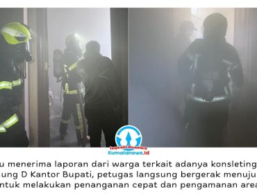 Petugas Dinas Pemadam Kebakaran dan Penyelamatan Kabupaten Kutai Kartanegara (Kukar) melakukan penanganan cepat terhadap dugaan konsleting listrik di Gedung D Kantor Bupati Kukar, Jalan A.P. Mangkunegoro, Kelurahan Timbau, Kecamatan Tenggarong, Jumat (22/05/2026) pagi. Dok: Pemadam Kebakaran dan Penyelamatan Kabupaten Kutai Kartanegara.