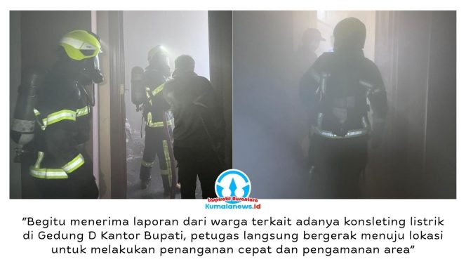
 Petugas Dinas Pemadam Kebakaran dan Penyelamatan Kabupaten Kutai Kartanegara (Kukar) melakukan penanganan cepat terhadap dugaan konsleting listrik di Gedung D Kantor Bupati Kukar, Jalan A.P. Mangkunegoro, Kelurahan Timbau, Kecamatan Tenggarong, Jumat (22/05/2026) pagi. Dok: Pemadam Kebakaran dan Penyelamatan Kabupaten Kutai Kartanegara.