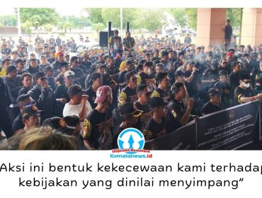 Ratusan massa dari Aliansi Tiga Organisasi Masyarakat (Ormas) daerah yakni Remaong Koetai Berjaya, Kayuh Baimbai, dan Remaong Kutai Menamang, menggelar aksi damai di depan Kantor DPRD Kabupaten Kutai Kartanegara (Kukar), Senin (4/5/2026). Foto: Akmal Hafidz Krisnowo.