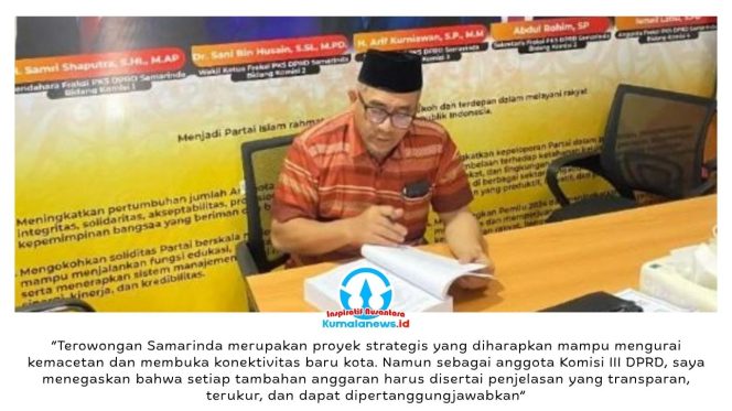 
 Wakil Ketua Komisi III DPRD Kota Samarinda, Arif Kurniawan, menegaskan pentingnya transparansi, akuntabilitas, serta pengawasan ketat dalam pelaksanaan proyek Terowongan Samarinda yang saat ini menjadi perhatian publik. Foto: Yana Ashari.