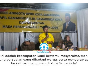 Wakil Ketua DPRD Kota Samarinda, Rusdi, menggelar reses Masa Persidangan II Tahun 2026 untuk Dapil I meliputi Kecamatan Samarinda Ilir, Samarinda Kota, dan Sambutan, Jumat (22/5/2026) malam. Kegiatan ini menjadi wadah silaturahmi sekaligus penyerapan aspirasi dan usulan pembangunan dari masyarakat. Foto: Yana Ashari.