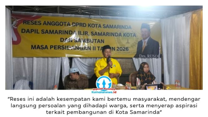 
 Wakil Ketua DPRD Kota Samarinda, Rusdi, menggelar reses Masa Persidangan II Tahun 2026 untuk Dapil I meliputi Kecamatan Samarinda Ilir, Samarinda Kota, dan Sambutan, Jumat (22/5/2026) malam. Kegiatan ini menjadi wadah silaturahmi sekaligus penyerapan aspirasi dan usulan pembangunan dari masyarakat. Foto: Yana Ashari.