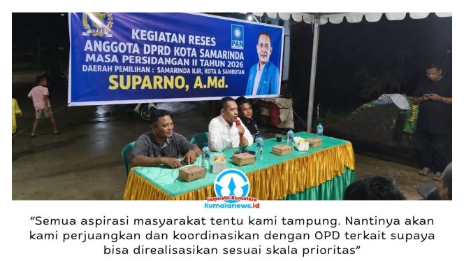 
 Suparno menggelar kegiatan reses Masa Persidangan II Tahun 2026 di Perum Bumi Sambutan Asri, Jalan Pelita 4 Blok G RT 26, Kecamatan Sambutan, Sabtu (23/5/2026) malam. Dalam kegiatan tersebut, warga menyampaikan berbagai aspirasi terkait kebutuhan infrastruktur dan lingkungan permukiman secara langsung kepada wakil rakyat. Foto: Yana Ashari.