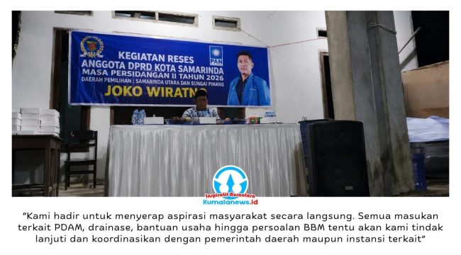 Anggota DPRD Kota Samarinda, Joko Wiratno, menggelar reses Masa Persidangan II Tahun 2026 di Jalan Mugirejo No. 28, Kelurahan Mugirejo, Kecamatan Sungai Pinang, Sabtu (23/5/2026) malam. Kegiatan yang dihadiri warga RT 12 dan RT 13 itu menjadi wadah penyampaian aspirasi masyarakat terkait infrastruktur, pelayanan dasar, serta bantuan sosial dan ekonomi. Foto: Yana Ashari.
