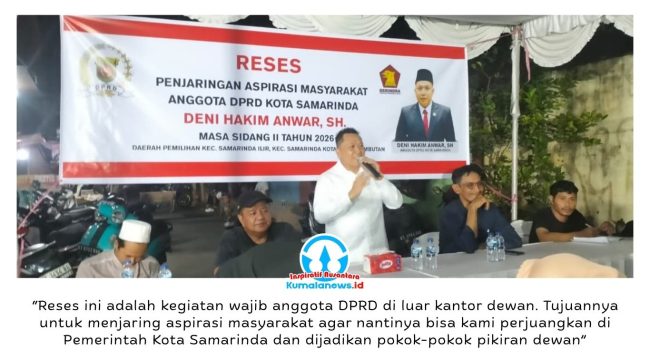 Anggota DPRD Kota Samarinda, Deni Hakim Anwar menggelar kegiatan Penyerapan Aspirasi (Reses) Masa Sidang II Tahun 2026 bersama warga di Jalan Agus Salim Gang Tanjung RT 37, Kelurahan Sungai Pinang Luar, Kecamatan Samarinda Kota, Senin (25/5/2026) malam. Foto: Yana Ashari.