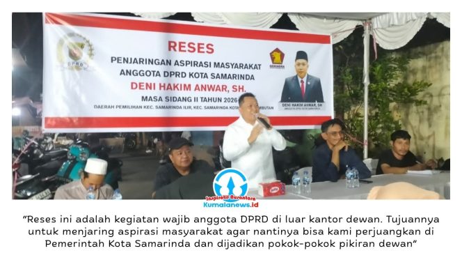 
 Anggota DPRD Kota Samarinda, Deni Hakim Anwar menggelar kegiatan Penyerapan Aspirasi (Reses) Masa Sidang II Tahun 2026 bersama warga di Jalan Agus Salim Gang Tanjung RT 37, Kelurahan Sungai Pinang Luar, Kecamatan Samarinda Kota, Senin (25/5/2026) malam. Foto: Yana Ashari.