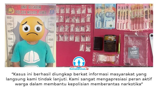Seorang tersangka kasus penyalahgunaan narkotika jenis sabu berhasil diamankan oleh Kepolisian Sektor (Polsek) Muara Jawa di Kelurahan Muara Jawa Ulu, Kecamatan Muara Jawa, Kabupaten Kutai Kartanegara. Dalam pengungkapan tersebut, polisi turut menyita puluhan paket sabu beserta sejumlah barang bukti lainnya. Foto: Dok. Polsek Muara Jawa.