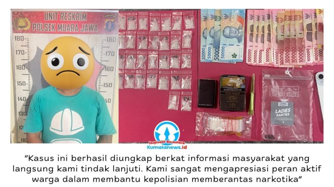 
 Seorang tersangka kasus penyalahgunaan narkotika jenis sabu berhasil diamankan oleh Kepolisian Sektor (Polsek) Muara Jawa di Kelurahan Muara Jawa Ulu, Kecamatan Muara Jawa, Kabupaten Kutai Kartanegara. Dalam pengungkapan tersebut, polisi turut menyita puluhan paket sabu beserta sejumlah barang bukti lainnya. Foto: Dok. Polsek Muara Jawa.