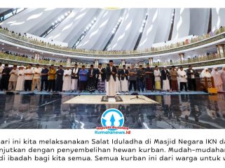 Suasana pelaksanaan Salat Iduladha 1447 Hijriah/2026 Masehi perdana di Masjid Negara IKN, Nusantara, Rabu (27/5/2026), yang diselenggarakan oleh Otorita Ibu Kota Nusantara (IKN). Kegiatan tersebut dilanjutkan dengan penyerahan dan penyembelihan hewan kurban sebagai bentuk kepedulian sosial kepada masyarakat sekitar kawasan IKN dan para pekerja pembangunan ibu kota baru. Foto: Humas Otorita IKN. Foto: Dok. Humas Otorita Ibu Kota Nusantara.