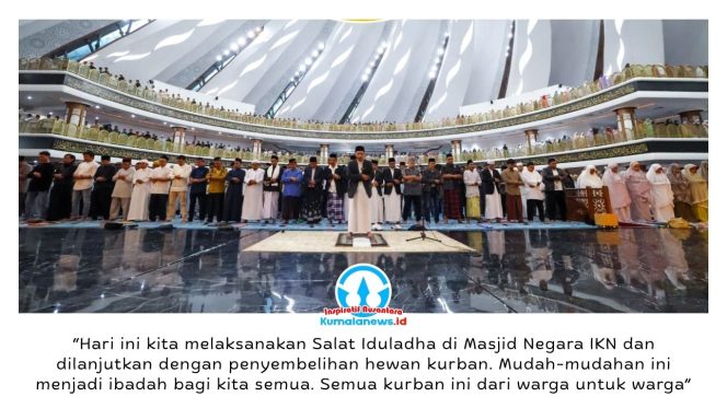 
 Suasana pelaksanaan Salat Iduladha 1447 Hijriah/2026 Masehi perdana di Masjid Negara IKN, Nusantara, Rabu (27/5/2026), yang diselenggarakan oleh Otorita Ibu Kota Nusantara (IKN). Kegiatan tersebut dilanjutkan dengan penyerahan dan penyembelihan hewan kurban sebagai bentuk kepedulian sosial kepada masyarakat sekitar kawasan IKN dan para pekerja pembangunan ibu kota baru. Foto: Humas Otorita IKN. Foto: Dok. Humas Otorita Ibu Kota Nusantara.