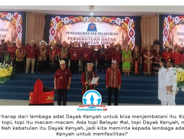 Pelantikan Pengurus Provinsi PDKT masa bhakti 2026–2031 Lembaga Adat Dayak Kenyah Kalimantan Timur berlangsung di Gedung Olah Bebaya, Kompleks Kantor Gubernur Kalimantan Timur, Samarinda, Sabtu (16/5/2026).
