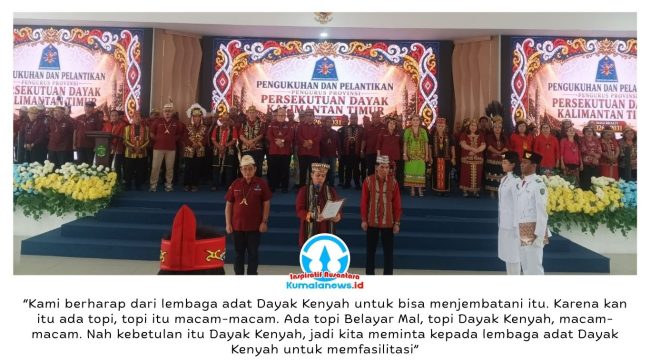 Pelantikan Pengurus Provinsi PDKT masa bhakti 2026–2031 Lembaga Adat Dayak Kenyah Kalimantan Timur berlangsung di Gedung Olah Bebaya, Kompleks Kantor Gubernur Kalimantan Timur, Samarinda, Sabtu (16/5/2026).