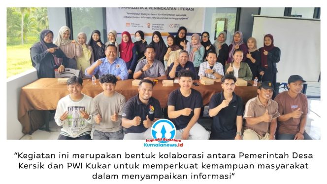 
 Kolaborasi PWI Kutai Kartanegara bersama Pemerintah Desa Kersik dalam pelatihan jurnalistik dan literasi di Sekretariat Pokdarwis Pantai Biru, Kecamatan Marangkayu, Minggu (3/6/2026). Kegiatan ini diikuti anggota Pokdarwis, pemuda, dan masyarakat desa sebagai upaya meningkatkan literasi di tengah arus informasi digital. Dok: PWI Kuta Kartanegara.