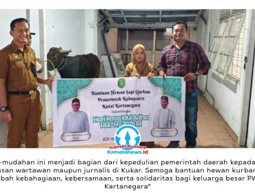 Kepala Bagian Kesejahteraan Rakyat (Kabag Kesra) Pemkab Kutai Kartanegara, Fathul Alamin, menyerahkan bantuan satu ekor sapi kurban dari Pemerintah Kabupaten Kutai Kartanegara kepada Persatuan Wartawan Indonesia (PWI) Kukar menjelang Hari Raya Iduladha 1447 Hijriah. Bantuan tersebut diterima langsung oleh Ketua PWI Kukar, Andi Wibowo, di Sekretariat PWI Kukar, Tenggarong. Foto: Dok. PWI Kutai Kartanegara.