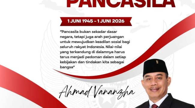 Flyer ucapan Selamat Hari Lahir Pancasila 1 Juni 2026 dari Wakil Ketua DPRD Kota Samarinda, Ahmad Vananzha, sebagai ajakan untuk memperkuat persatuan, gotong royong, dan semangat kebangsaan dalam kehidupan bermasyarakat, berbangsa, dan bernegara. Grafis: Kumalanews.id.
