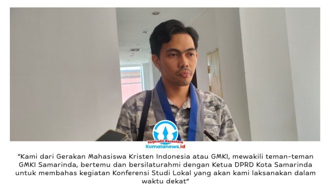
 Koordinator Wilayah Pengurus Pusat GMKI Kalimantan Timur, Julio Antou, memberikan keterangan kepada awak media usai audiensi dengan pimpinan DPRD Kota Samarinda di Ruang Ketua DPRD Kota Samarinda, Selasa (2/6/2026). Pertemuan tersebut membahas agenda organisasi sekaligus memperkuat sinergi dalam mengawal isu-isu strategis daerah. Foto: Yana Ashari.