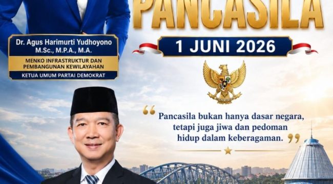 Flyer ucapan Selamat Hari Lahir Pancasila 1 Juni 2026 dari Ketua Fraksi Partai Demokrat DPRD Kota Samarinda, Viktor Yuan. Dalam momentum tersebut, ia mengajak masyarakat untuk terus memperkuat semangat persatuan, toleransi, dan kebersamaan sebagai fondasi menjaga keutuhan bangsa di tengah keberagaman. Foto: Dok. Viktor Yuan.
