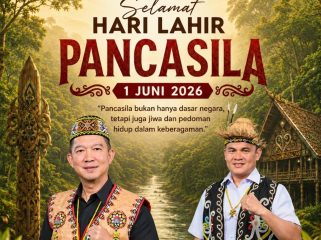 Flyer ucapan Selamat Hari Lahir Pancasila 1 Juni 2026 yang disampaikan Ketua Umum Dewan Adat Dayak (DAD) Kalimantan Timur, Viktor Yuan, bersama Sekretaris Umum DAD Kalimantan Timur, Hendrik Tandoh. Dalam momentum tersebut, DAD Kaltim mengajak masyarakat untuk merawat kebhinekaan, memperkuat persatuan, dan meneguhkan nilai-nilai Pancasila dalam kehidupan berbangsa dan bernegara. Foto: Dok. DAD Kaltim.