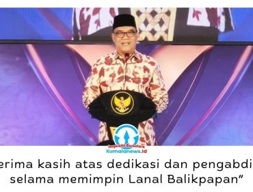 Wakil Wali Kota Balikpapan, Dr. Ir. H. Bagus Susetyo, MM, menyampaikan sambutan pada acara kenal pamit Komandan Lanal Balikpapan, Senin (29/6/2026). Ia mengapresiasi dedikasi Kolonel Laut (P) Topan Agung Yuwono serta berharap sinergi antara TNI AL dan Pemerintah Kota Balikpapan terus semakin kuat. Foto: M Hilmansyah.