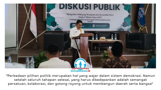 
 Asisten I Bidang Tata Pemerintahan dan Kesra Setda Kota Balikpapan, Zulkifli, mewakili Wali Kota saat memberikan sambutan pada Diskusi Publik bertema Politik Berintegritas Pasca Pemilu dan Pilkada 2024 di Poltekkes Kemenkes Balikpapan, Sabtu (20/6/2026). Foto: M Hilmansyah.