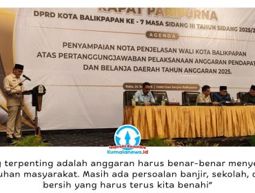 Wakil Wali Kota Balikpapan, Dr. Ir. H. Bagus Susetyo, M.M., menyampaikan Nota Penjelasan Wali Kota atas Pertanggungjawaban Pelaksanaan APBD Tahun Anggaran 2025 dalam Rapat Paripurna DPRD Kota Balikpapan ke-7 Masa Sidang III Tahun 2025/2026, Rabu (24/6/2026). Foto: M Hilmansyah.