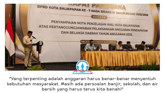 
 Wakil Wali Kota Balikpapan, Dr. Ir. H. Bagus Susetyo, M.M., menyampaikan Nota Penjelasan Wali Kota atas Pertanggungjawaban Pelaksanaan APBD Tahun Anggaran 2025 dalam Rapat Paripurna DPRD Kota Balikpapan ke-7 Masa Sidang III Tahun 2025/2026, Rabu (24/6/2026). Foto: M Hilmansyah.