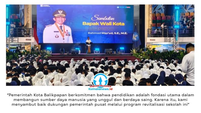 
 Wali Kota Balikpapan, Rahmad Mas’ud, memberikan sambutan pada kegiatan penyaluran bantuan revitalisasi untuk 123 satuan pendidikan oleh Kementerian Pendidikan Dasar dan Menengah (Kemendikdasmen) di wilayah Kalimantan Timur bagian selatan dan Kecamatan Sepaku, Kabupaten Kutai Kartanegara, yang berlangsung di BSCC Dome Balikpapan, Jumat (5/6/2026). Rahmad mengapresiasi perhatian pemerintah pusat terhadap pembangunan pendidikan dan menilai program revitalisasi sekolah sebagai langkah strategis untuk meningkatkan kualitas lingkungan belajar. Foto: M Hilmansyah.