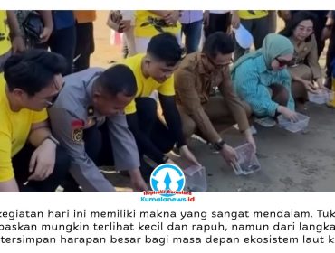 Wali Kota Balikpapan, Dr. H. Rahmad Mas’ud, S.E., M.E., melepas 80 tukik penyu lekang ke habitat alaminya di Pantai Damba Enggang Borneo (DEB), Jalan Jenderal Sudirman, Balikpapan, Senin (8/6/2026), dalam rangka memperingati Hari Lingkungan Hidup Sedunia. Kegiatan ini turut dihadiri Ketua TP PKK Kota Balikpapan Nurlena Rahmad Mas’ud, Kepala Disparpora Ratih Kusuma, Ketua HIPMI Balikpapan Adam Dustin Bhakti, serta pegiat lingkungan. Foto: M. Hilmansyah.