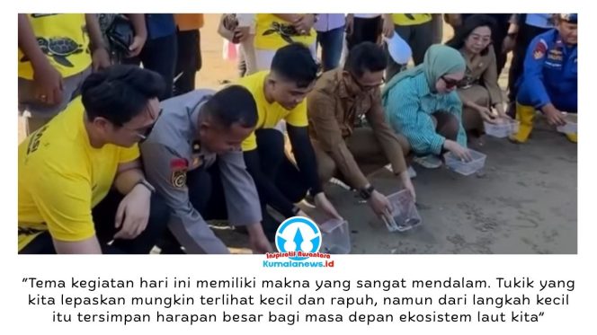 
 Wali Kota Balikpapan, Dr. H. Rahmad Mas’ud, S.E., M.E., melepas 80 tukik penyu lekang ke habitat alaminya di Pantai Damba Enggang Borneo (DEB), Jalan Jenderal Sudirman, Balikpapan, Senin (8/6/2026), dalam rangka memperingati Hari Lingkungan Hidup Sedunia. Kegiatan ini turut dihadiri Ketua TP PKK Kota Balikpapan Nurlena Rahmad Mas’ud, Kepala Disparpora Ratih Kusuma, Ketua HIPMI Balikpapan Adam Dustin Bhakti, serta pegiat lingkungan. Foto: M. Hilmansyah.