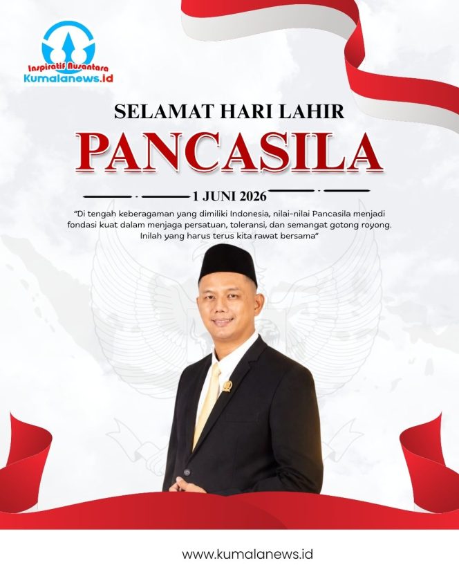 
 Flyer ucapan Selamat Hari Lahir Pancasila 1 Juni 2026 dari Sekretaris Komisi III DPRD Kota Samarinda, Arie Wibowo. Ia menegaskan bahwa Pancasila merupakan dasar negara sekaligus pemersatu bangsa yang telah terbukti menjaga keutuhan Indonesia. Karena itu, nilai-nilai Pancasila harus terus dipahami, dijaga, dan diamalkan sebagai pedoman dalam kehidupan bermasyarakat, berbangsa, dan bernegara. Grafis: Kumalanews.id.