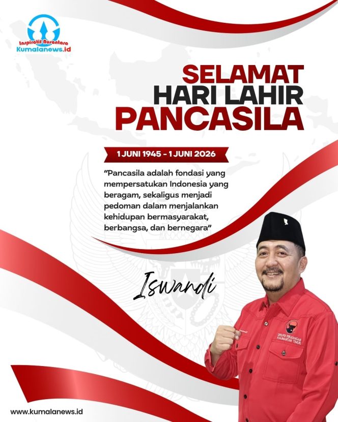 
 Flyer ucapan Selamat Hari Lahir Pancasila 1 Juni 2026 dari Ketua Komisi II DPRD Kota Samarinda, Iswandi. Menurutnya, Hari Lahir Pancasila bukan sekadar mengenang sejarah lahirnya dasar negara, tetapi juga menjadi momentum untuk memperkokoh semangat kebangsaan, persatuan, dan gotong royong dalam menghadapi berbagai tantangan bangsa. Grafis: Kumalanews.id.
