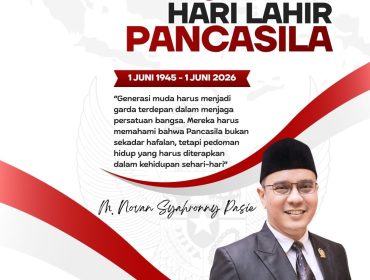 Flyer ucapan Selamat Hari Lahir Pancasila 1 Juni 2026 dari Ketua Komisi IV DPRD Kota Samarinda, Mohammad Novan Syahronny Pasie, yang mengajak masyarakat menjadikan Pancasila sebagai pedoman dalam memperkuat persatuan, menjaga keberagaman, dan membangun Indonesia yang maju serta berkeadilan. Grafis: Kumalanews.id.