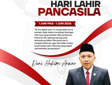 Flyer ucapan Selamat Hari Lahir Pancasila 1 Juni 2026 dari Ketua Komisi III DPRD Kota Samarinda, Deni Hakim Anwar, yang mengajak masyarakat untuk terus mengamalkan nilai-nilai Pancasila sebagai pemersatu bangsa, penguat persaudaraan, serta fondasi dalam mewujudkan kehidupan yang damai, adil, dan sejahtera. Grafis: Kumalanews.id.