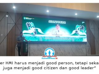 Wali Kota Samarinda, Andi Harun, menyampaikan sambutan pada Pelantikan Pengurus Himpunan Mahasiswa Islam (HMI) Cabang Samarinda Periode 2026–2027. Dalam kesempatan tersebut, ia menegaskan bahwa kader HMI harus menjadi pribadi berintegritas, warga negara yang baik, dan calon pemimpin yang bertanggung jawab. Foto: Yana Ashari.