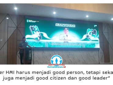 Wali Kota Samarinda, Andi Harun, menyampaikan sambutan pada Pelantikan Pengurus Himpunan Mahasiswa Islam (HMI) Cabang Samarinda Periode 2026–2027. Dalam kesempatan tersebut, ia menegaskan bahwa kader HMI harus menjadi pribadi berintegritas, warga negara yang baik, dan calon pemimpin yang bertanggung jawab. Foto: Yana Ashari.