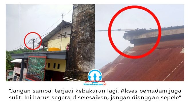 
 Dokumentasi warga menunjukkan kabel listrik melintas sangat dekat dengan atap rumah dan dilaporkan beberapa kali mengeluarkan percikan api. Warga melalui Ketua RT telah melaporkan kondisi ini sejak Februari 2025, namun hingga kini belum ada penanganan permanen berupa pemasangan tiang listrik baru. Foto: Istimewa.