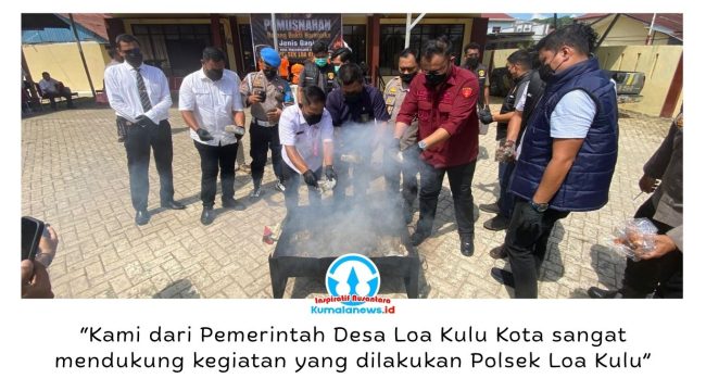 Kapolsek Loa Kulu, AKP Hari Supranoto, bersama Camat Loa Kulu, Ardiansyah, didampingi Kanit Reskrim Polsek Loa Kulu, Iptu Danto Utomo, Jaksa Penuntut Umum Kejaksaan Negeri Kutai Kartanegara, Riko Kriswantoro, Panitera Pengadilan Negeri Tenggarong, Rudi Novarin Anwar, KBO Satresnarkoba Polres Kutai Kartanegara, Iptu Sugiono, serta Sekretaris Desa Loa Kulu Kota, Fajar Rian Saputra, memusnahkan barang bukti narkotika jenis ganja dalam kegiatan yang digelar di Mapolsek Loa Kulu, Rabu (3/6/2026). Foto: Fairuzzabady.
