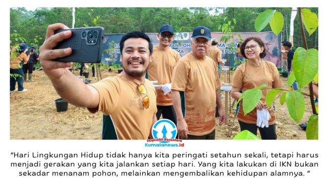 
 Kepala Otorita Ibu Kota Nusantara (IKN) bersama perwakilan Universitas Gadjah Mada (UGM) dan PT Pamapersada Nusantara melakukan penanaman pohon di kawasan Wanagama IKN, Jumat (5/6/2026). Kegiatan ini digelar dalam rangka memperingati Hari Lingkungan Hidup Sedunia sekaligus memperkuat komitmen mewujudkan Nusantara sebagai smart-forest city yang mengedepankan pelestarian lingkungan dan keberlanjutan ekosistem. Foto: Humas Otorita IKN.
