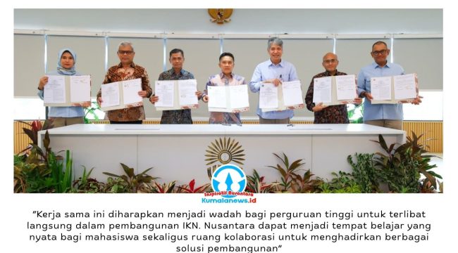 Otorita IKN menandatangani Nota Kesepahaman (MoU) dengan empat perguruan tinggi di Kantor Otorita IKN, Selasa (9/6/2026). Kerja sama tersebut bertujuan memperkuat pengembangan sumber daya manusia, riset, dan inovasi untuk mendukung pembangunan Nusantara. Foto: Humas Otorita IKN.