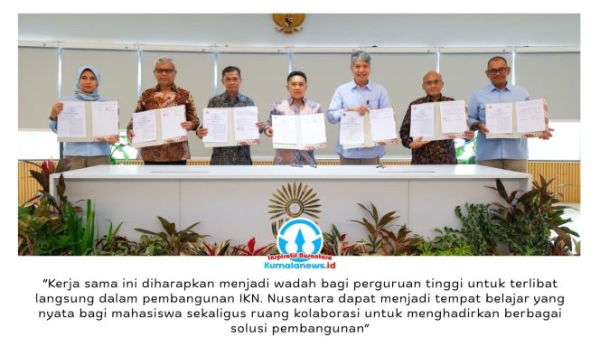 
 Otorita IKN menandatangani Nota Kesepahaman (MoU) dengan empat perguruan tinggi di Kantor Otorita IKN, Selasa (9/6/2026). Kerja sama tersebut bertujuan memperkuat pengembangan sumber daya manusia, riset, dan inovasi untuk mendukung pembangunan Nusantara. Foto: Humas Otorita IKN.
