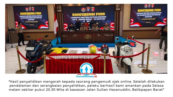 
 Kapolda Kalimantan Timur Irjen Pol Endar Priantoro didampingi Dirkrimum Polda Kaltim Kombes Pol Jamaludin Farti, Kabid Humas Polda Kaltim Kombes Pol Yuliyanto, dan Kapolres Kutai Timur AKBP Fauza Arianto menunjukkan barang bukti kasus perampasan kemerdekaan atau penculikan yang mengakibatkan meninggalnya seorang anak di bawah umur di Sangatta, Kutai Timur, saat konferensi pers di Mapolda Kaltim, Balikpapan, Kamis (4/6/2026). Foto: M Hilmansyah.