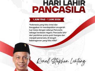 Flyer ucapan Hari Lahir Pancasila 1 Juni 2026 dari Anggota DPRD Kota Samarinda, Ronal Stephen Lonteng. Dalam momentum tersebut, ia mengajak masyarakat untuk terus memperkuat persatuan, menjunjung tinggi toleransi, serta mengamalkan nilai-nilai Pancasila dalam kehidupan bermasyarakat, berbangsa, dan bernegara. Grafis: Kumalanews.id.