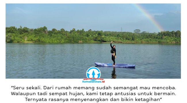 Pengunjung menikmati aktivitas paddle board di kawasan danau Taman Seri Loa Tuwi, Desa Loa Ulung, Kecamatan Tenggarong Seberang, Kutai Kartanegara. Wahana olahraga air yang menjadi daya tarik baru destinasi wisata tersebut mendapat respons positif karena menawarkan pengalaman rekreasi yang seru, menyehatkan, dan menyatu dengan keindahan alam. Foto: Fairuzzabady.