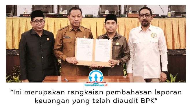 
 Sekretaris Daerah Kota Balikpapan Agus Budi Prasetyo mewakili Wali Kota bersama Ketua DPRD Alwi Al Qadri serta Wakil Ketua DPRD Yono Suherman dan M. Taqwa menandatangani persetujuan bersama Raperda Pertanggungjawaban Pelaksanaan APBD Tahun Anggaran 2025 dalam Rapat Paripurna DPRD Kota Balikpapan, Senin (20/7/2026). Foto: M Hilmansyah.